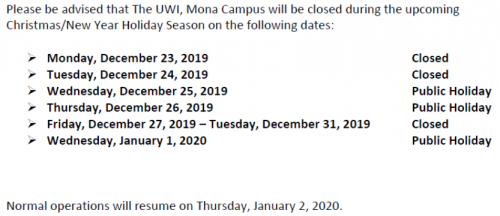 The UWI-Mona Closing Dates For The 2019 Christmas/New Year Holiday Season